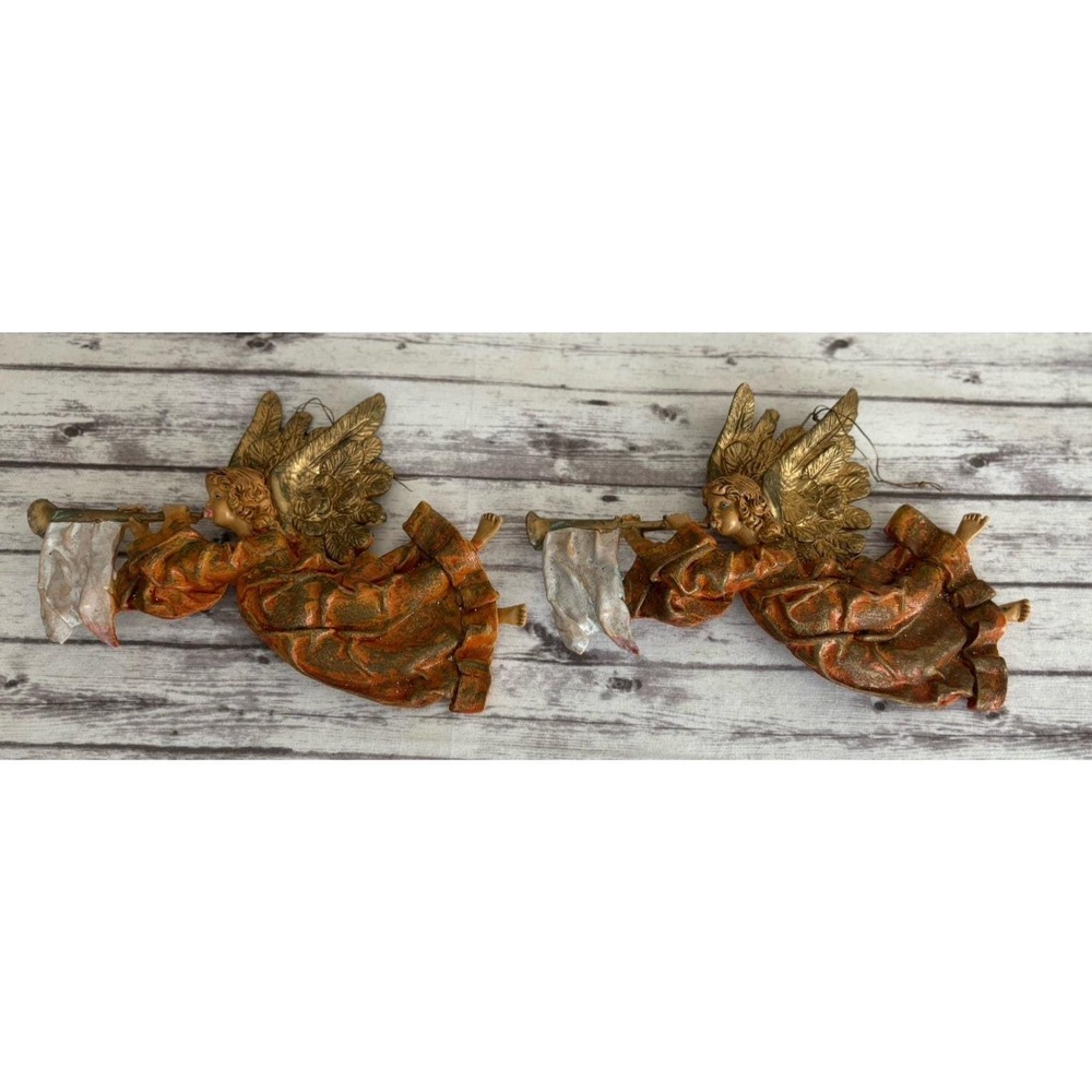 Vintage Angel ornaments Italy made for Lord and Taylor set of 2 Orange Gold
